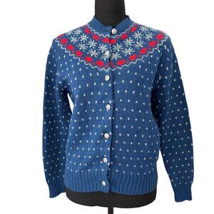 Vintage 80s SKYR 100% Wool Fair Isle Snowflake Cardigan Sweater Blue Medium 38